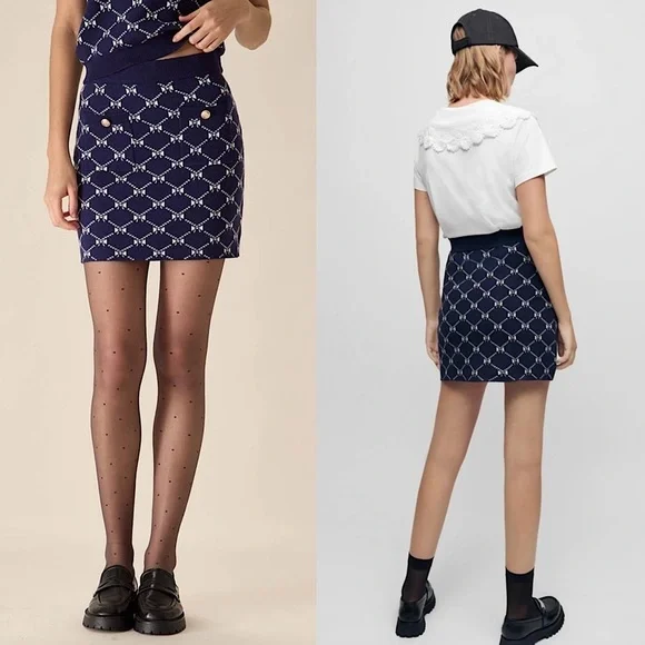 MAJE Navy Bow Design Jacquard Knit Gold Logo Button Patch Pocket Mini Skirt 6 - Picture 4 of 14
